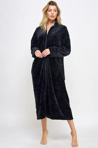 Truedames Elegant Collared Plush Lounge Robe In Black