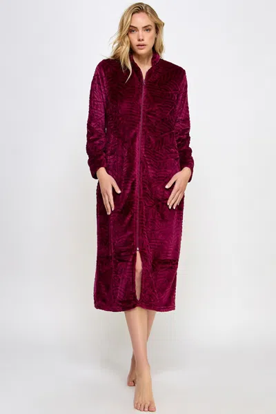 Truedames Elegant Collared Plush Lounge Robe In Burgundy