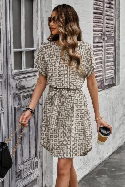 Truedames Elegant Crew Neck Batwing Sleeve Printed Dress In Neutral