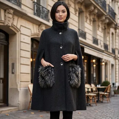 Truedames Elegant Faux Fur Pocket Cape Coat Poncho In Black