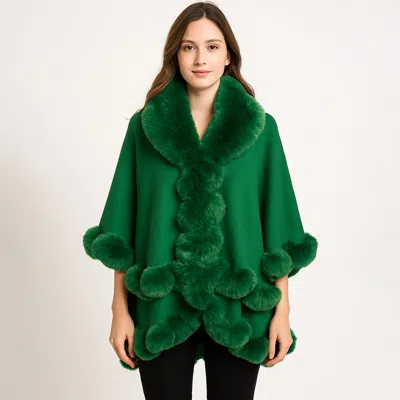Truedames Elegant Faux Fur Trim Cape Poncho In Green
