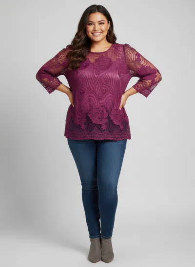 Truedames Elegant Floral Lace Sleeve Blouse In Purple