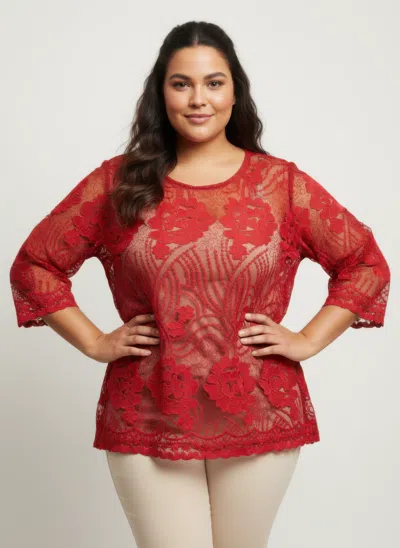 Truedames Elegant Floral Lace Sleeve Blouse In Red