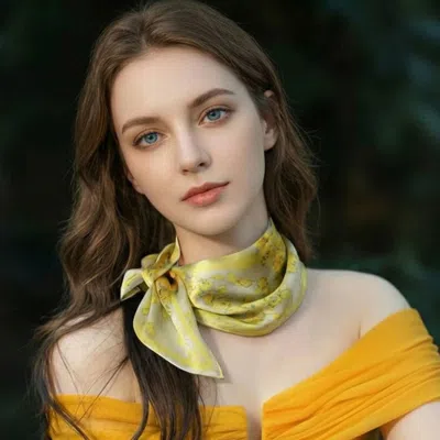 Truedames Elegant Floral Pattern Printed Square Silky Satin Scarf In Yellow