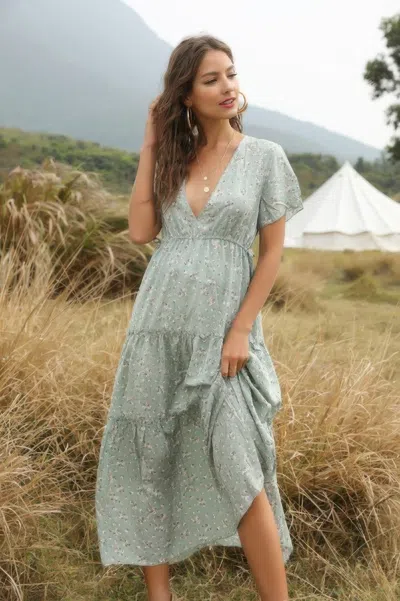 Truedames Elegant Floral Ruffle Deep V Neck Slit Dress In Green
