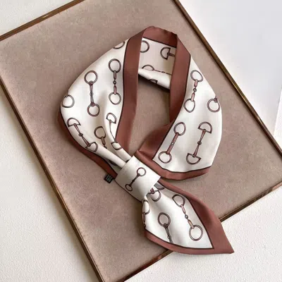 Truedames Elegant Horsebit Pattern Printed Square Silky Satin Scarf In Brown