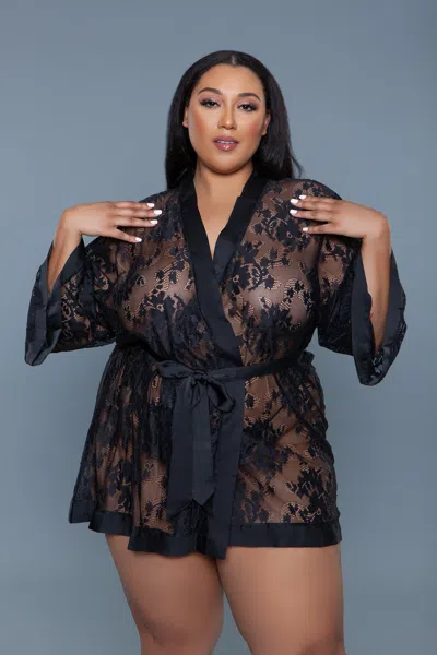 Truedames Elegant Lace & Satin Tie-front Robe In Black