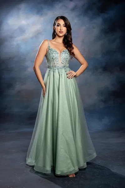 Truedames Elegant Lace Corset A-line Tulle Evening Dress With Spaghetti Straps In Green