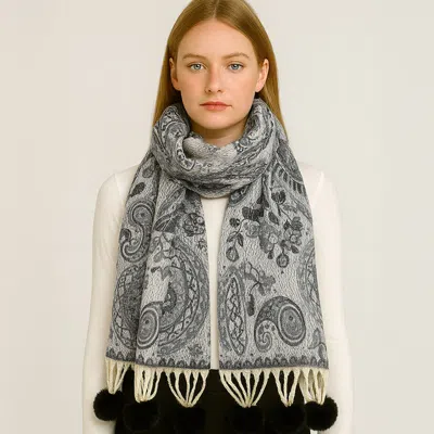 Truedames Elegant Patterned Pom Tassel Accent Winter Scarf In Gray