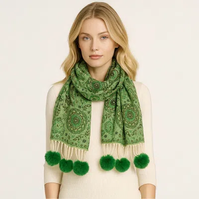 Truedames Elegant Patterned Pom Tassel Accent Winter Scarf In Green