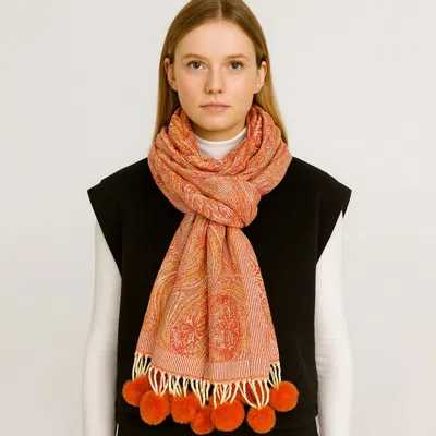 Truedames Elegant Patterned Pom Tassel Accent Winter Scarf In Red