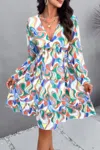 Truedames Elegant Printed V Neck Ruffled A Line Mini Dress In Multi