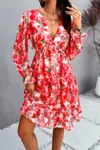 Truedames Elegant Printed V Neck Ruffled A Line Mini Dress In Red