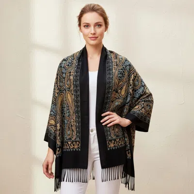 Truedames Elegant Reversible Paisley Pattern Print Fringe Shawl Wrap Scarf In Black