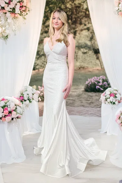 Truedames Elegant Rhinestone Embellished Mermaid Gown With Lace-up Back In Metallic
