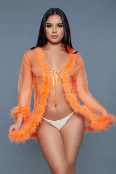 Truedames Elegant Sheer Chiffon Robe With Fur Accents In Orange
