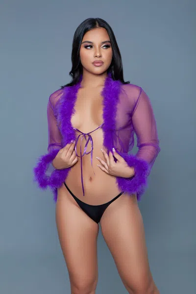 Truedames Elegant Sheer Chiffon Robe With Fur Accents In Purple