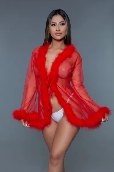 Truedames Elegant Sheer Chiffon Robe With Fur Accents In Red