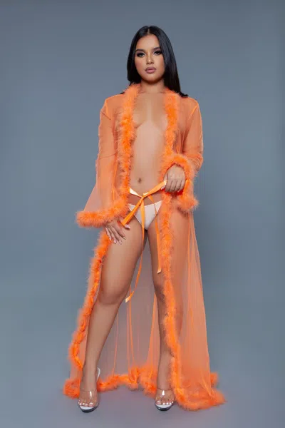 Truedames Elegant Sheer Chiffon Robe With Fur Cuffs & Hem In Orange