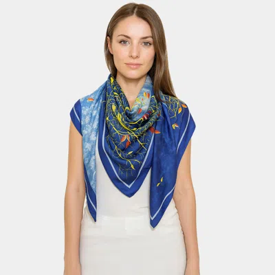 Truedames Elegant Silk Botanical Large Square Scarf In Blue