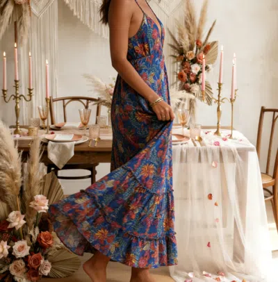 Truedames Elegant V-neck Floral Print Maxi Dress In Blue