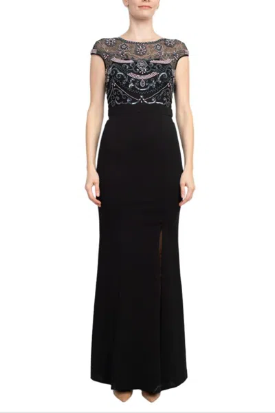 Truedames Embellished Mesh Bodice Crew Neck Cap Sleeve Keyhole Back Stretch Crepe Gown In Black