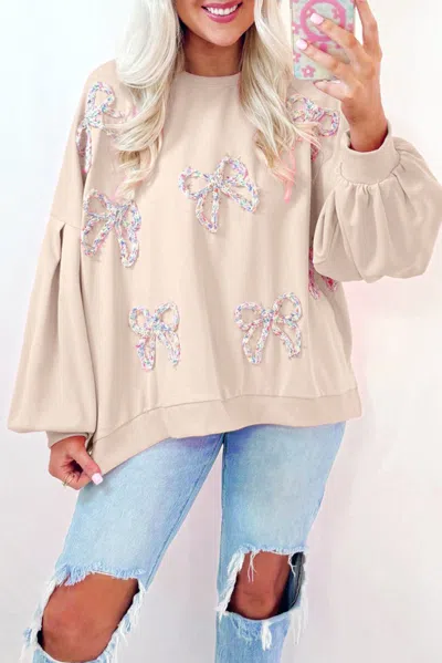 Truedames Embroide Bow Lantern Sleeve Oversized Pullover Sweatshirt In Gray