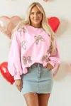Truedames Embroide Bow Lantern Sleeve Oversized Pullover Sweatshirt In Pink