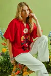 Truedames Embroidered Boho Puff Sleeve Blouse In Red