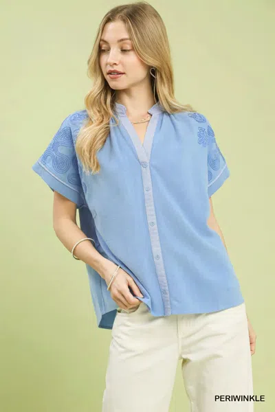 Truedames Embroidered Button Front Top In Blue