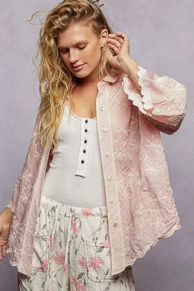 Truedames Embroidered Floral Collared Neck Shirt With Scalloped Edges In Pink
