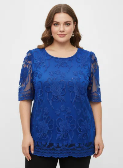 Truedames Embroidered Lace Overlay Short Sleeve Top In Blue