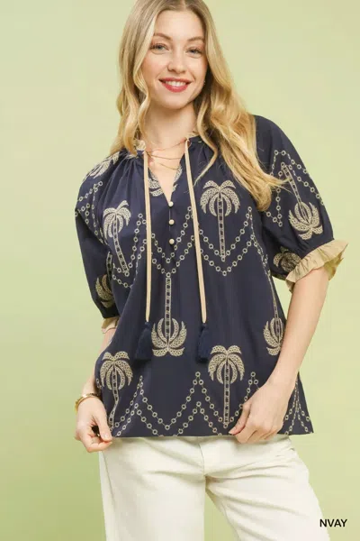 Truedames Embroidered Palm Print Tassel Tie Blouse In Blue