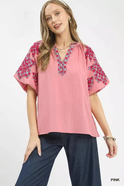 Truedames Embroidered Sleeve Contrast Trim Top In Pink
