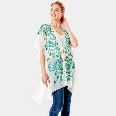 Truedames Embroidery Floral Cover Up Kimono Cardigan In Green