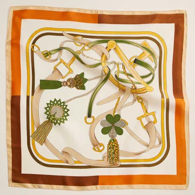 Truedames Equestrian Inspired Tassel And Buckle Printed Square Silky Satin Scarf In Orange