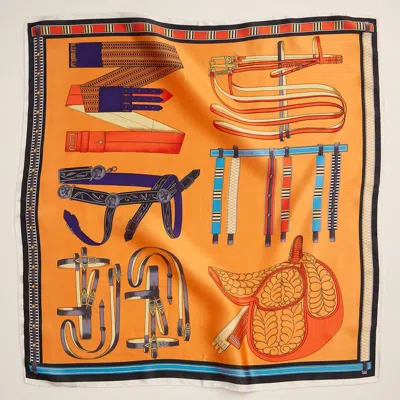 Truedames Equestrian Tack Printed Square Silky Satin Scarf In Orange