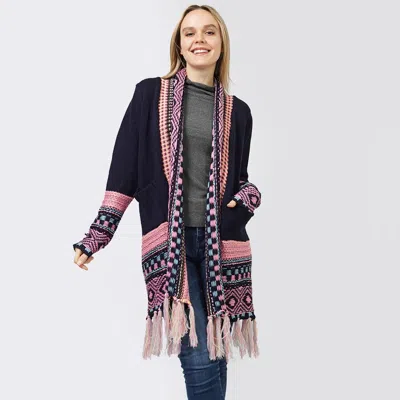 Truedames Ethnic Patterned Front Pocket Sweater Cardigan In Blue