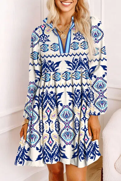 Truedames Ethnic Print Striped Split Neck Long Sleeve Flowy Mini Dress In Blue