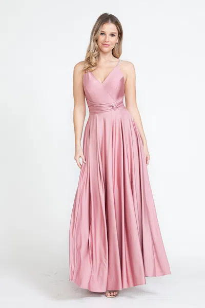 Truedames Evening Dress V-neck Spaghetti Strap A-line Gown In Pink