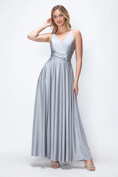 Truedames Evening Dress V-neck Spaghetti Strap A-line Gown In Silver
