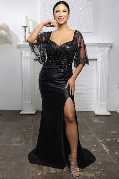 Truedames Evening Gown With Sheer Beaded Overlay Mother Of The Bride Dress In Black
