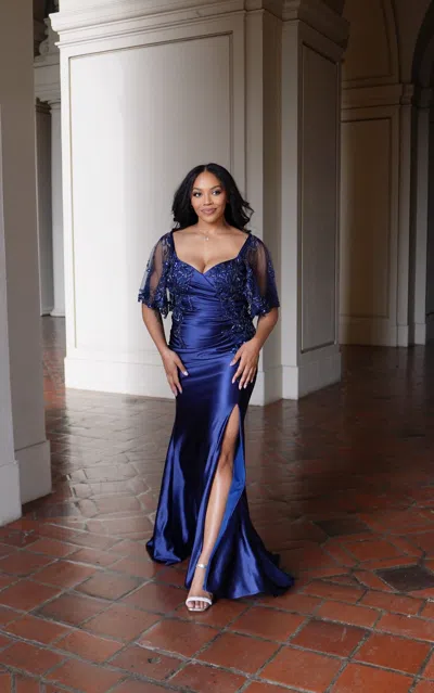 Truedames Evening Gown With Sheer Beaded Overlay Mother Of The Bride Dress In Blue