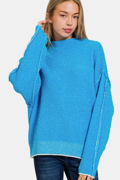 Truedames Exposed Seam Mock Neck Long Sleeve Sweater In Blue