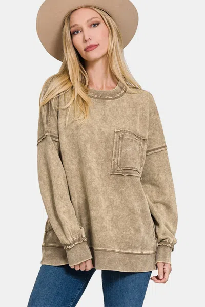 Truedames Exposed Seam Round Neck Dropped Shoulder Sweatshirt In Brown