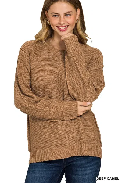 Truedames Exposed Seam Round Neck Sweater In Brown