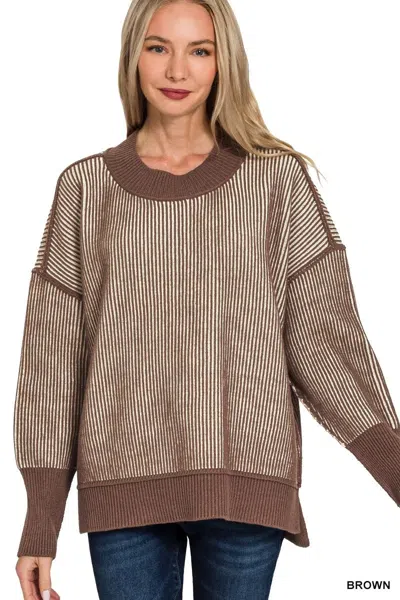 Truedames Exposed Seam Two Tone Ribbed Sweater In Brown