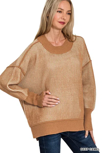Truedames Exposed Seam Two Tone Ribbed Sweater In Brown