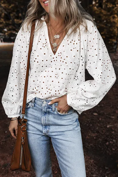 Truedames Eyelet Embroide Puff Sleeve V Neck Blouse In Multi