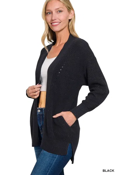 Truedames Eyelet Open Sweater Cardigan With Pockets In Black